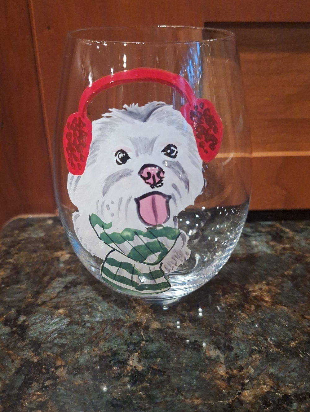 Pier 1 Hand-Painted Bichon Frise Stemless Wine Glass with Pink Ear Muffs
